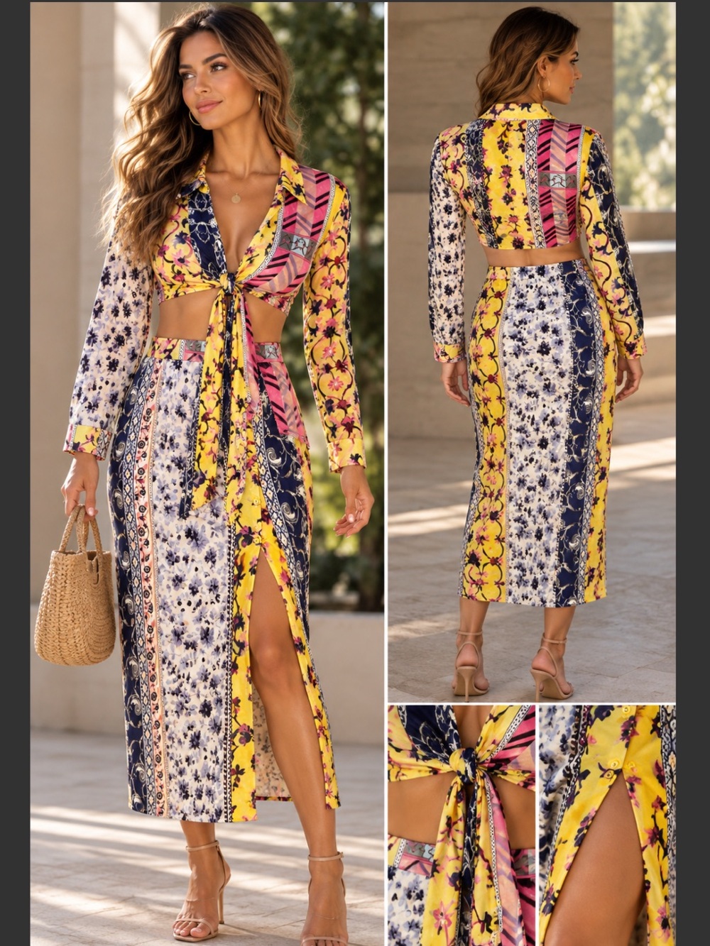 Women’s Boho Floral Patchwork 2 Piece Wrap Crop Top & Midi Skirt XS